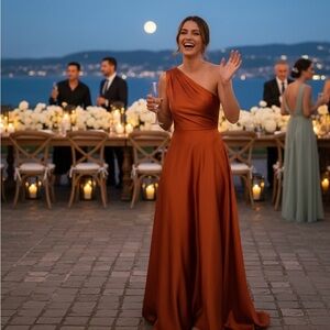 David’s Bridal one shoulder satin a-line long bridesmaid dress
STYLE# F20135